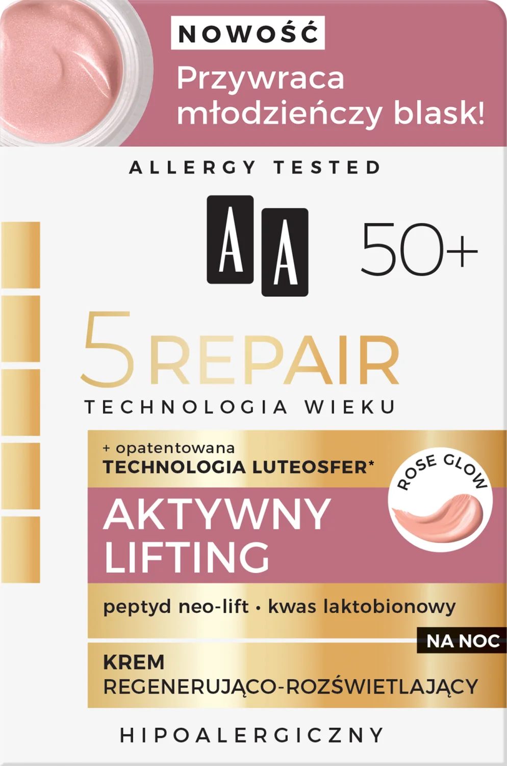 AA 5Repair regenerująco-rozświetlający krem do twarzy na noc 50+, 50 ml