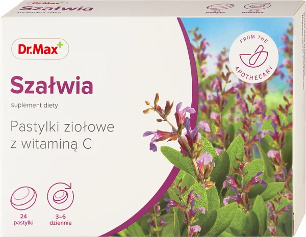 Szałwia Dr. Max, pastylki ziołowe z witaminą C, 24 tabletki do ssania