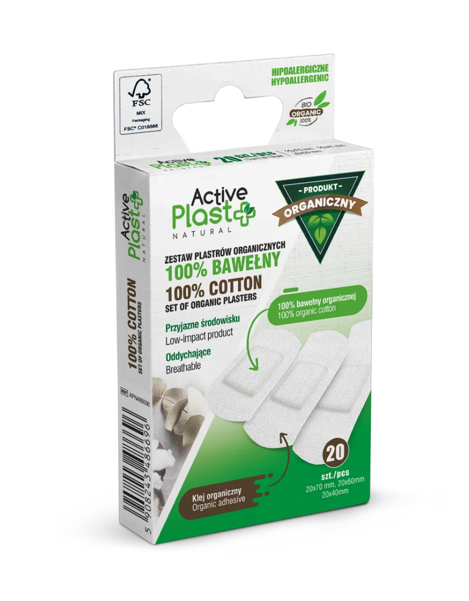 Active Plast, plastry opatrunkowe BIO ze 100% bawełny organicznej, 10-2x7 cm, 5-6x2cm, 5-4x2cm, 20 sztuk