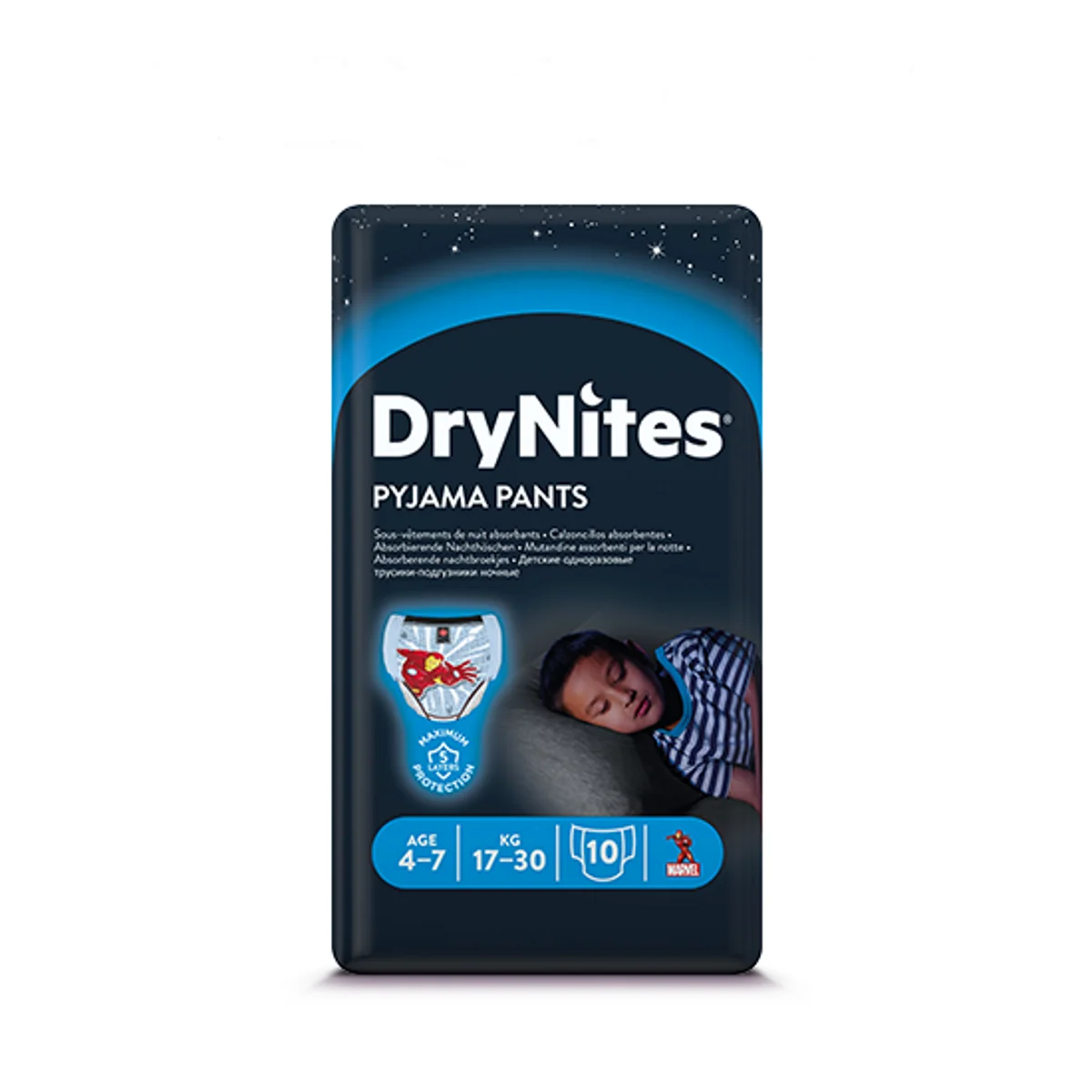 Huggies DryNites Boys, majtki na noc, dla chlopców, 4-7lat, 17-30kg, 10 sztuk