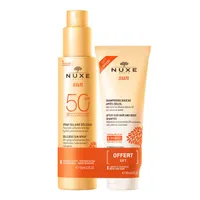 Zestaw Nuxe Sun, mleczko do opalania twarzy i ciała (spray) SPF50 + żel pod prysznic po opalaniu, 150 ml +100 ml