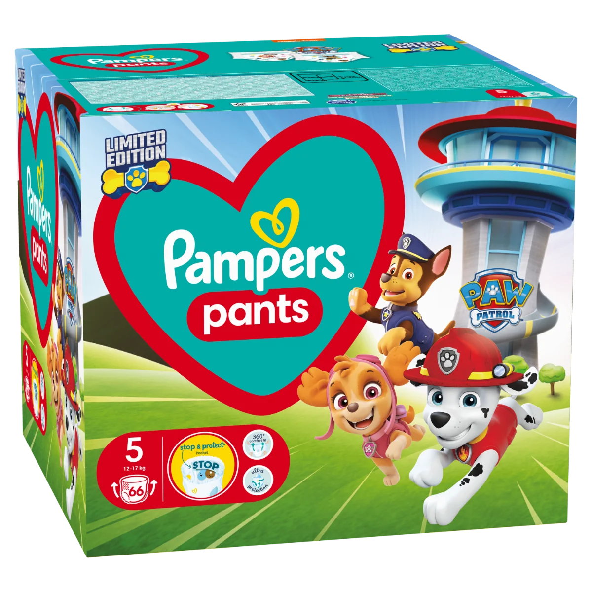 Pampers Pants Paw Patrol, pieluchomajtki Psi Patrol rozmiar 5 (12-17 kg), 66 szt.