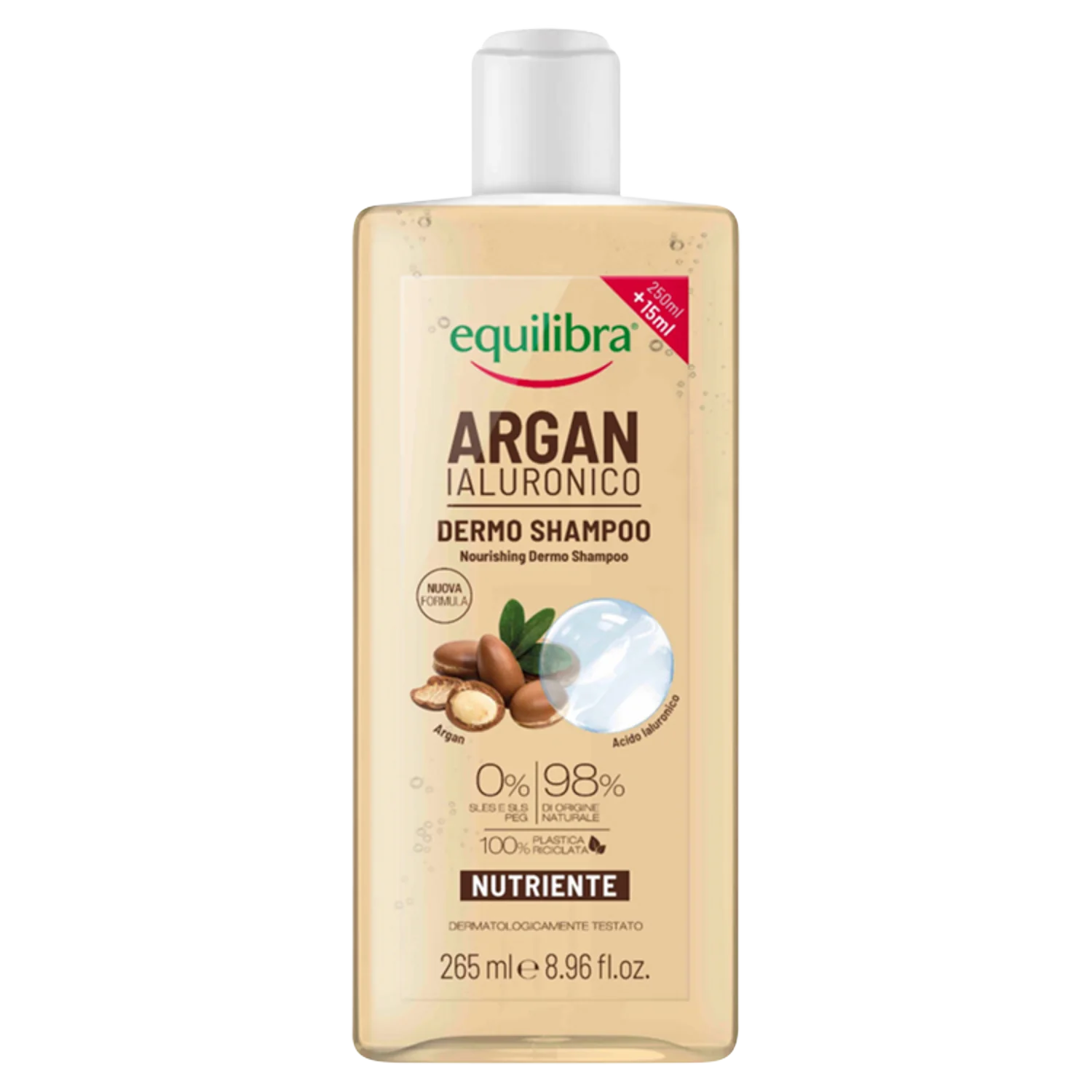 Equilibra Argan, odżywczy szampon do włosów z kwasem hialuronowym, 265 ml