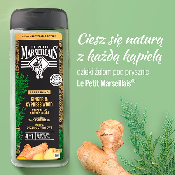 Le Petit Marseillais Żel pod prysznic dla mężczyzn imbir & drzewo cyprysowe, 400 ml