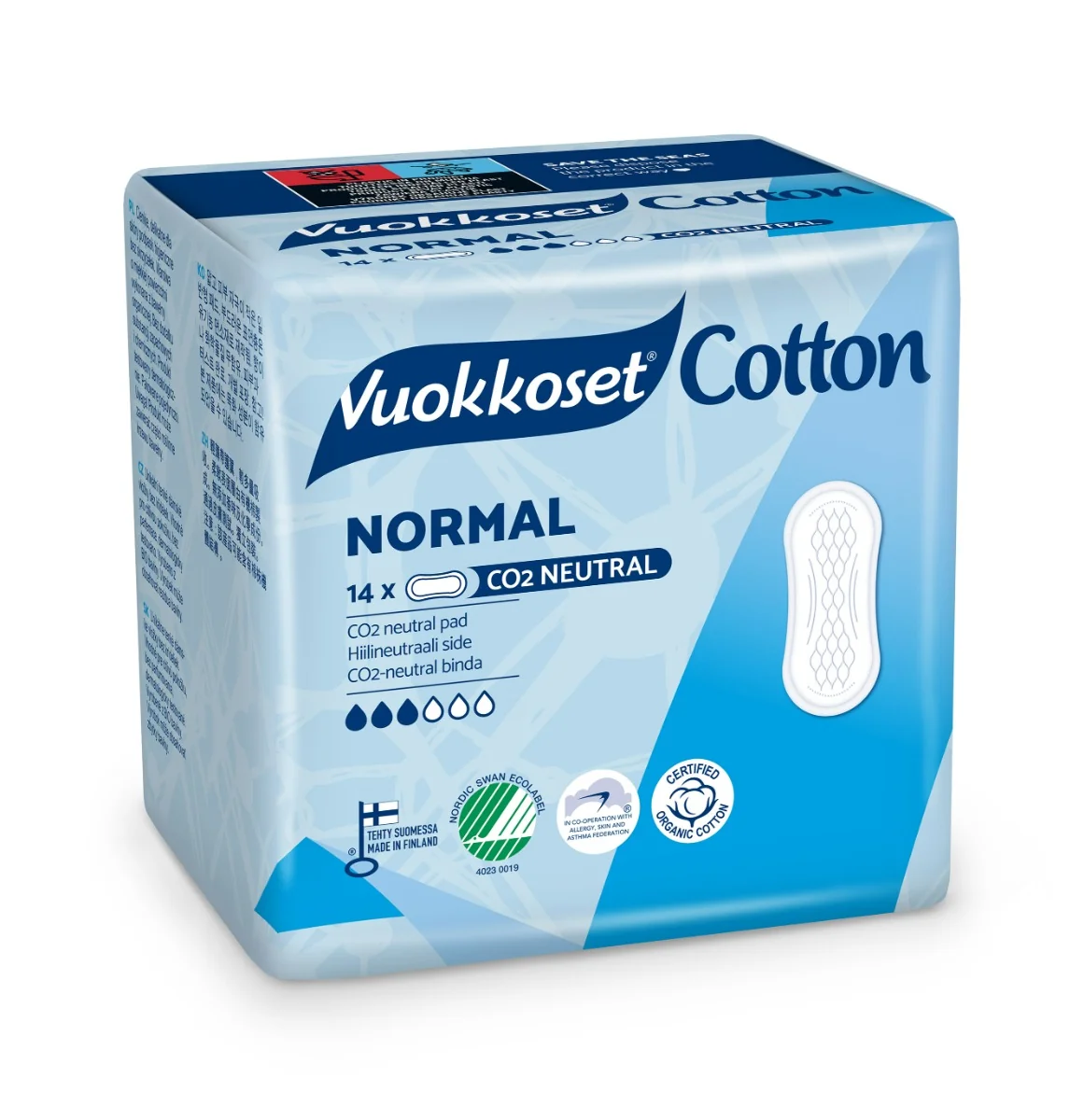 Vuokkoset Cotton Normal, ekologiczne podpaski bez skrzydełek, 14 szt.