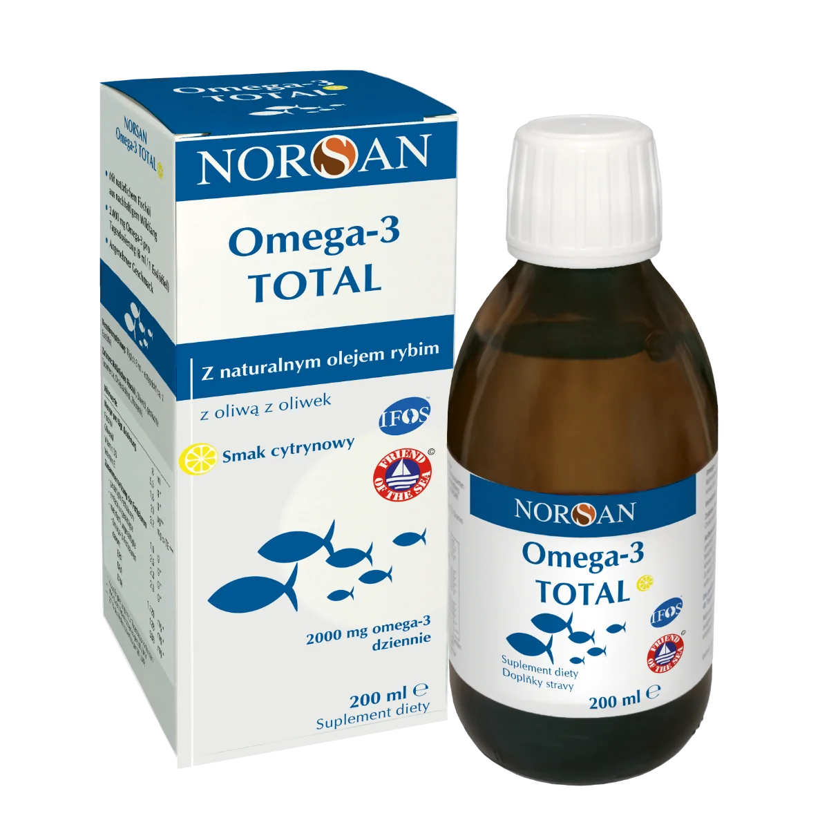 Norsan Omega-3 Total płynny olej rybny z witaminą D o smaku cytrynowym, 200 ml