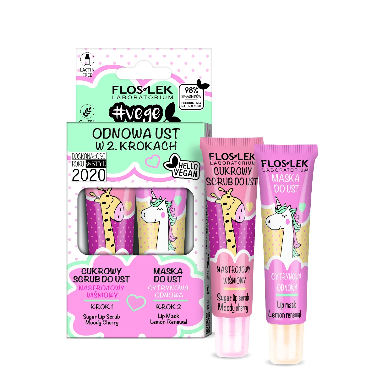 Floslek Vege Lip Care Zestaw Odnowa Ust w 2 Krokach, cukrowy scrub nastrojowy wiśniowy, 14 g + maska do ust cytrynowa odnowa, 14 g