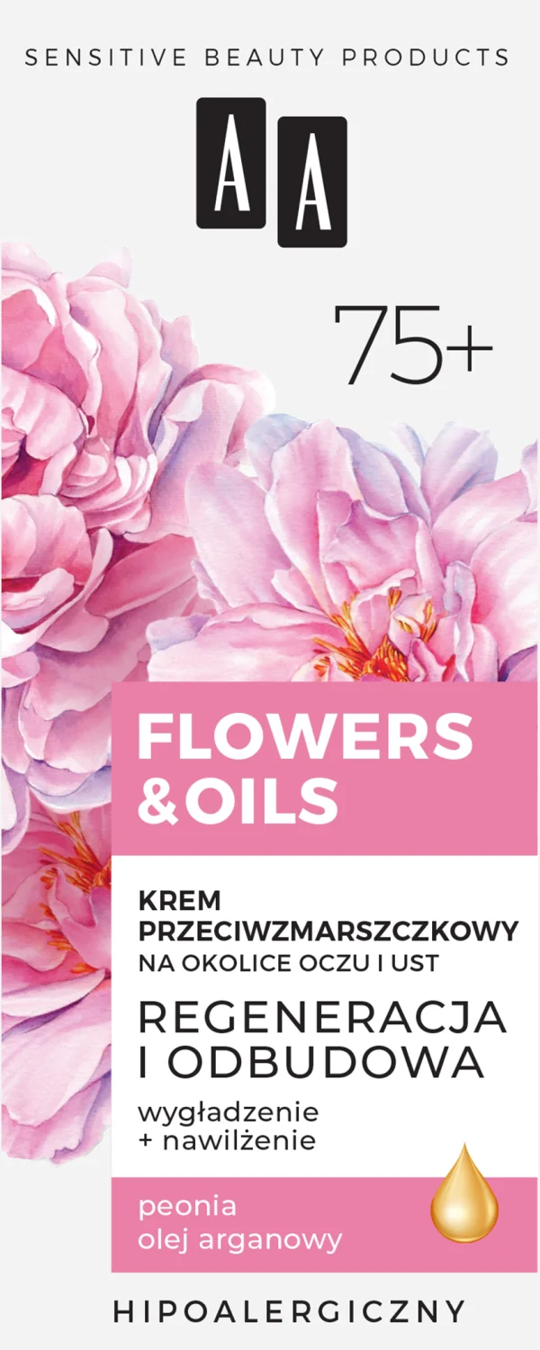 AA FLOWERS & OILS 75+ krem przeciwzmarszczkowy na okolice oczu i ust, 15 ml