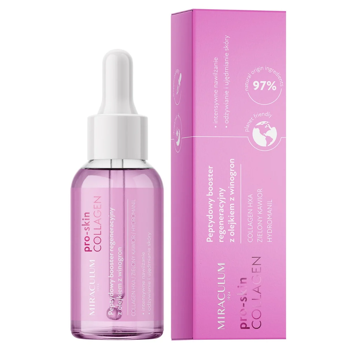 Miraculum COLLAGEN pro-skin, peptydowy booster regeneracyjny z olejkiem z winogron na dzień i na noc, 30 ml