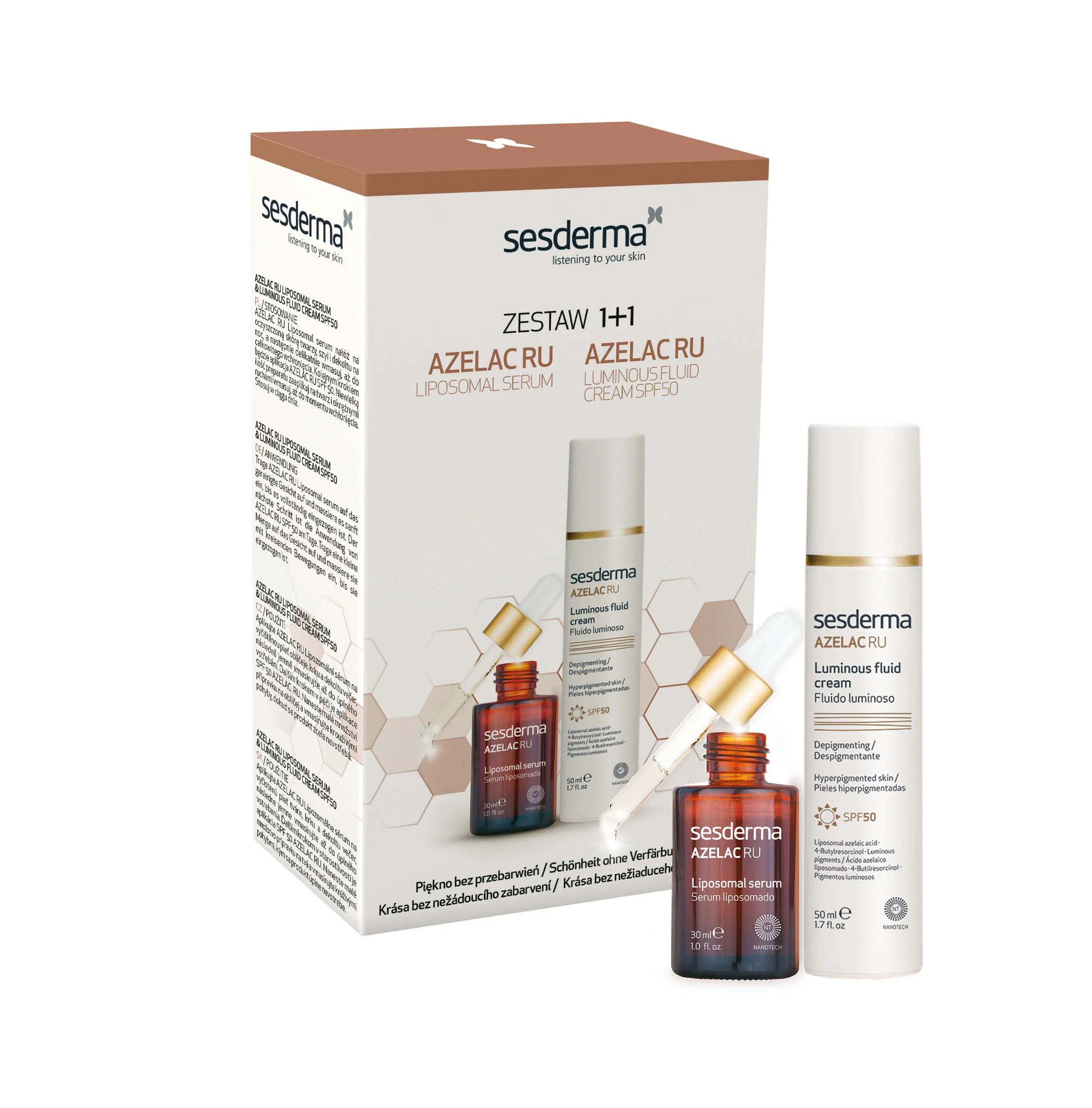 Sesderma Azelac RU, Zestaw Emulsja rozświetlająca SPF50, 50ml + Serum liposomowe, 30ml