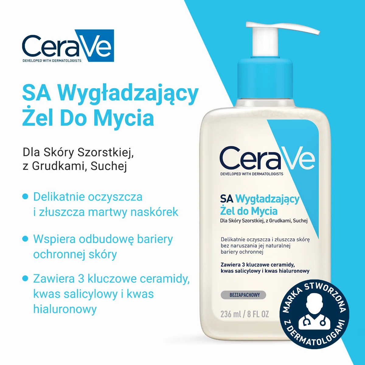 CeraVe SA, Żel Wygładzający do Mycia do Skóry Szorstkiej, z Grudkami, 236 ml