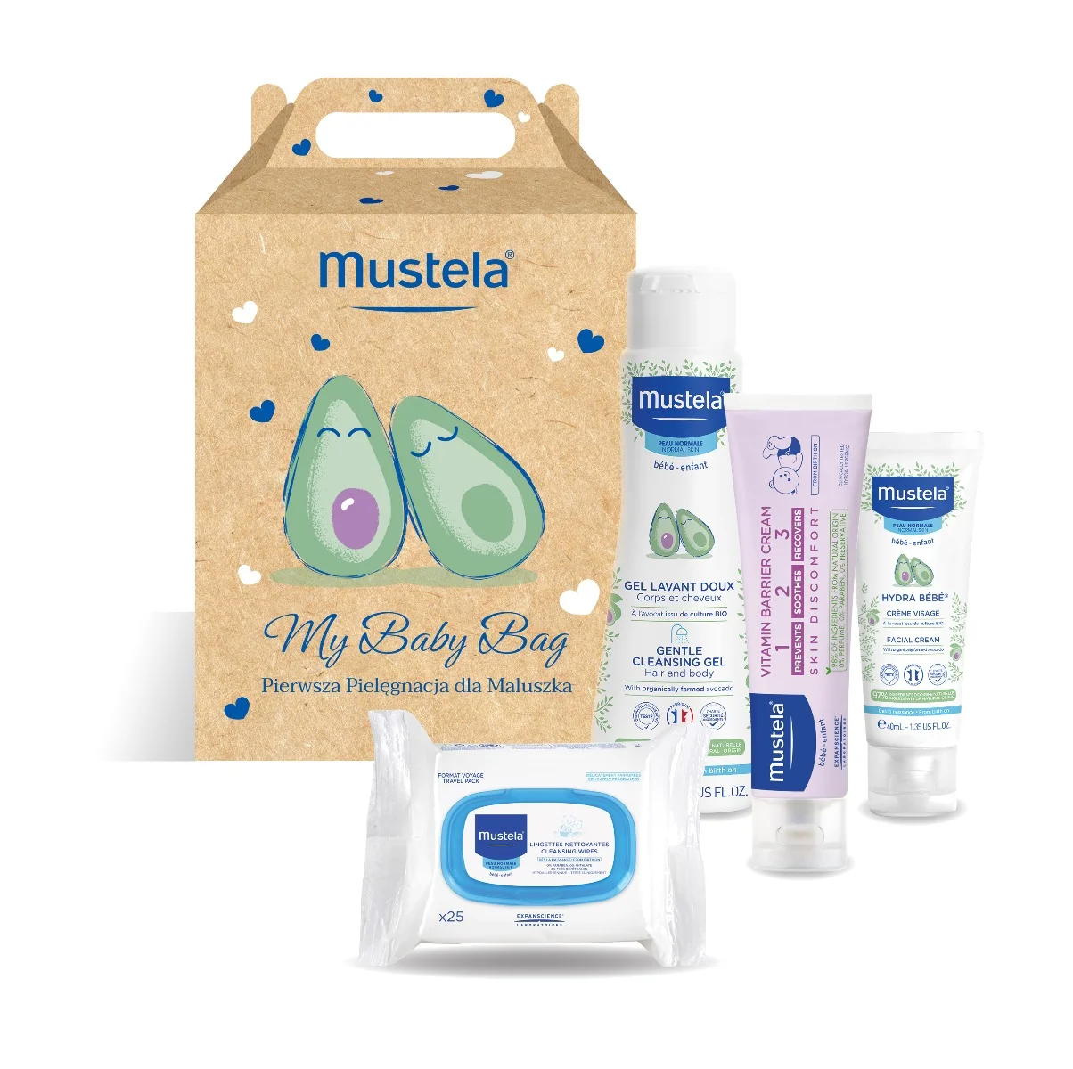 Mustela Zestaw Baby Bag Pierwsza pielęgnacja dla Maluszka, żel do mycia, 200 ml + krem do twarzy, 40 ml + krem do przewijania, 50 ml + chusteczki nawilżane, 25 sztuk