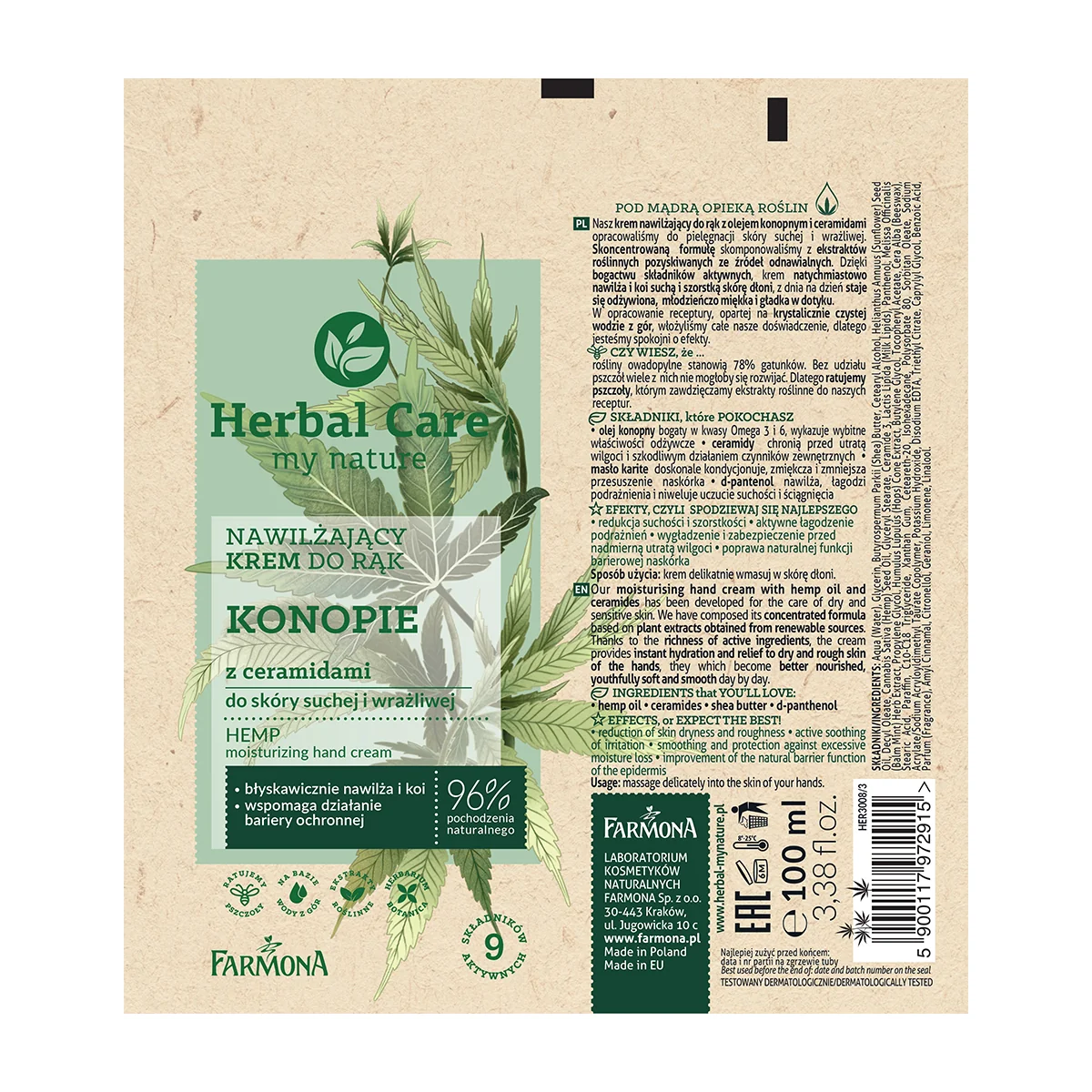 Herbal Care KONOPIE z ceramidami krem do rąk nawilżający, 100 ml