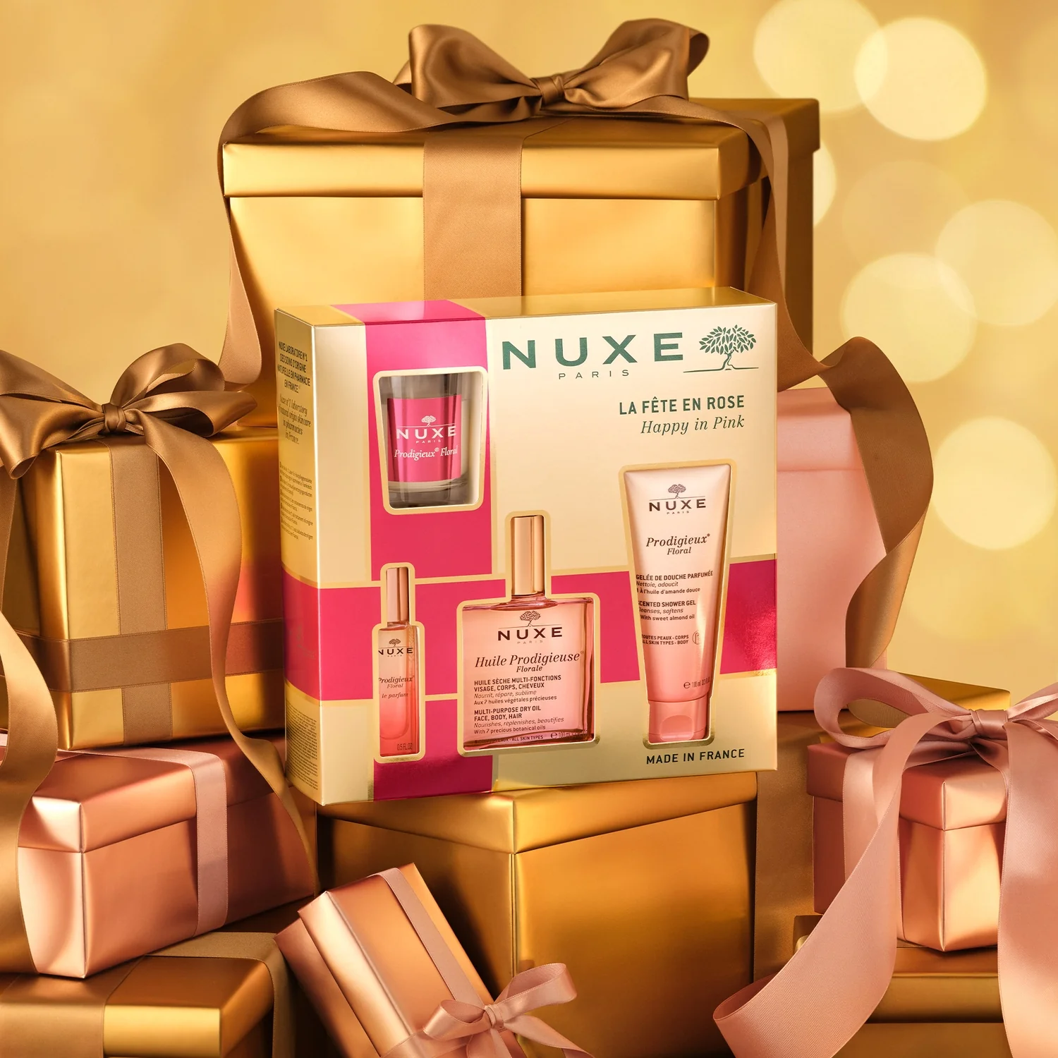 Nuxe Happy in Pink suchy olejek pielęgnacyjny Huile Prodigieuse Florale, 100 ml + żel pod prysznic Prodigieux Floral, 100 ml + perfumy Prodigieux Floral, 15 ml + świeca zapachowa, 70 g