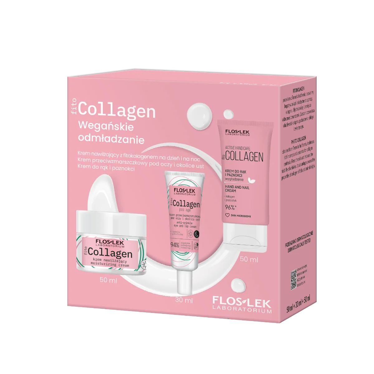 fitoCOLLAGEN Wegańskie odmładzanie krem nawilżający z fitokolagenem na dzień i na noc, 50 ml + krem przeciwzmarszczkowy pod oczy i okolice ust, 30 ml + Krem do rąk i paznokci, 50 ml