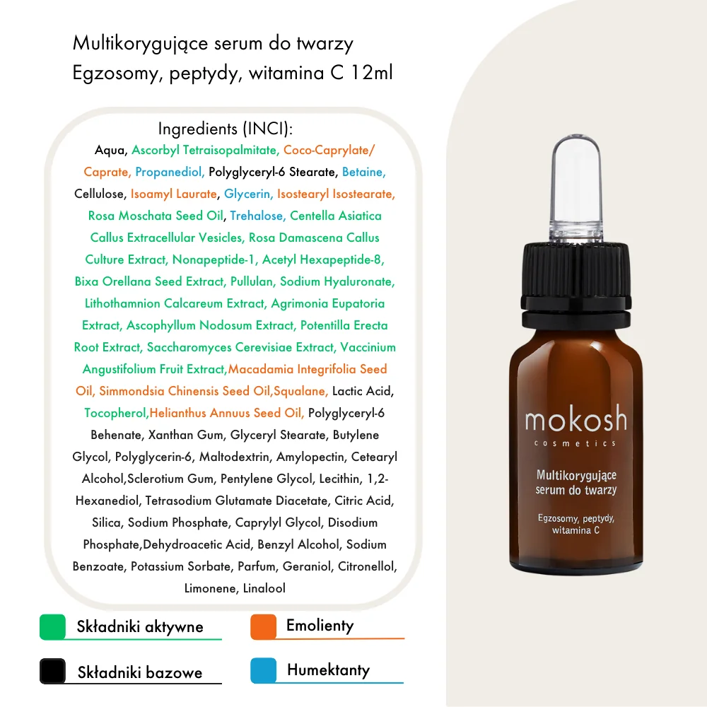 Mokosh, Multikorygujące serum do twarzy Egzosomy, peptydy, witamina C, 12 ml 