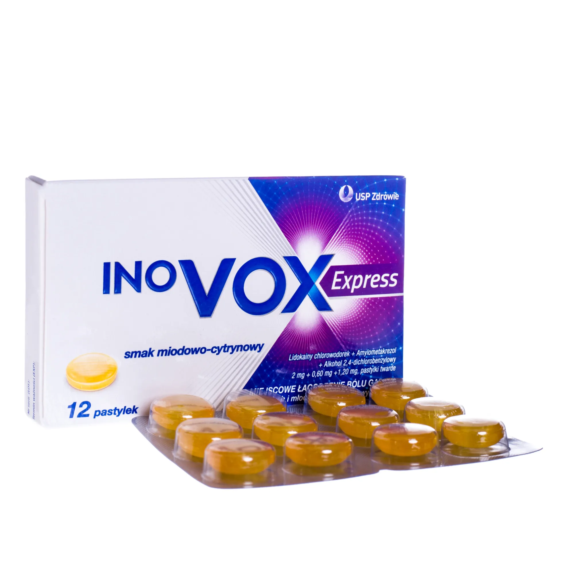 Inovox Express, łagodzenie bólu gardła, smak miodowo-cytrynowy, 12 pastylek 
