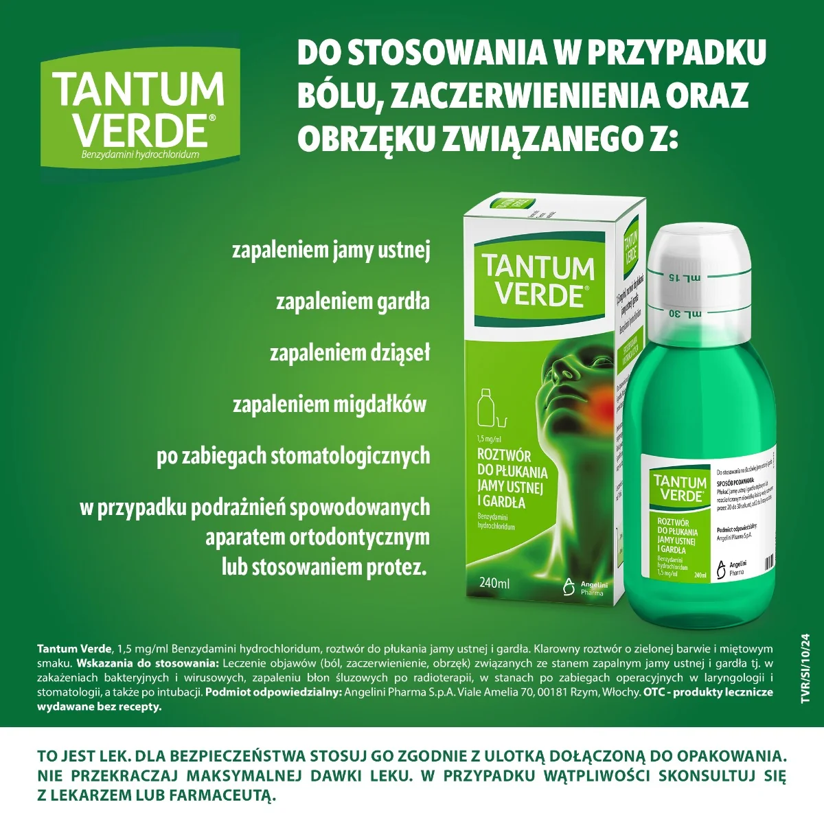 Tantum Verde, roztwór do płukania jamy ustnej i gardła, 240 ml 