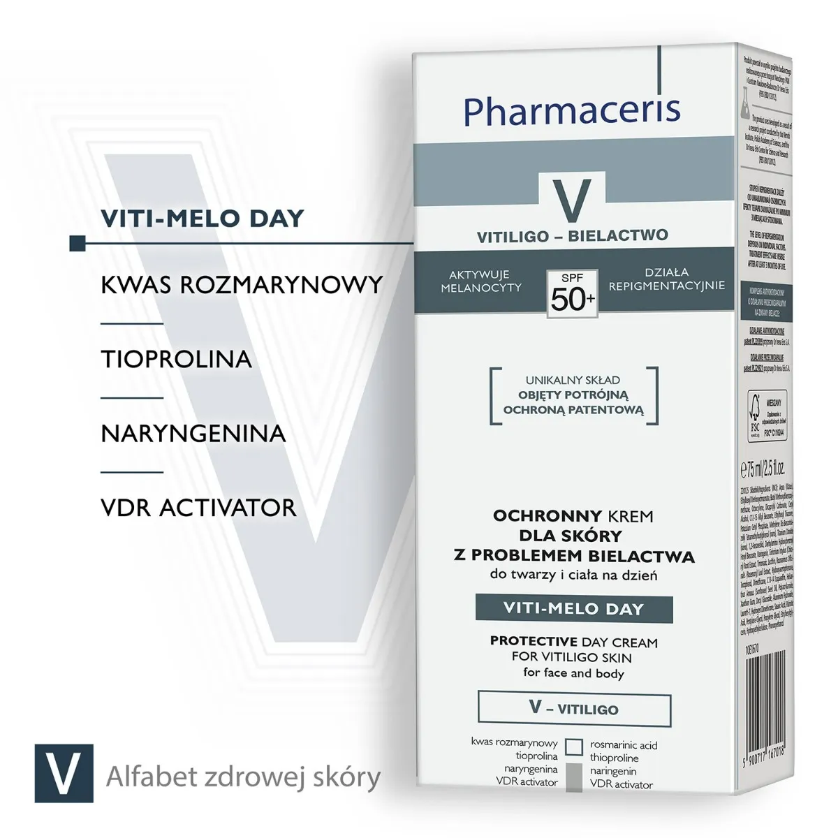 Pharmaceris V Viti-Melo Day, ochronny krem dla skóry z problemami bielactwa do twarzy i ciała na dzień, SPF 50, 75 ml 