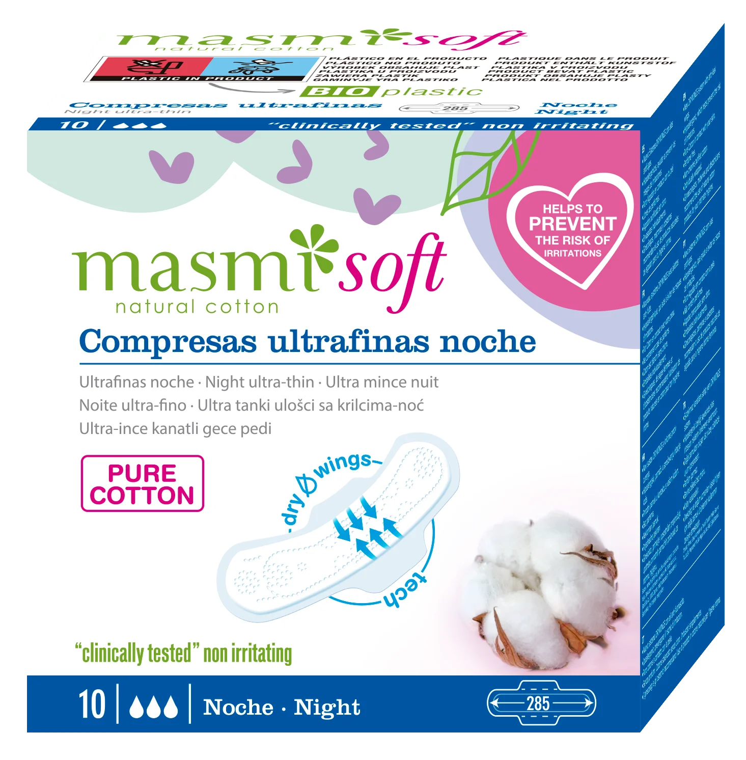 Masmi Natural Cotton Soft Ultracienkie bawełniane podpaski ze skrzydełkami na noc, 10 sztuk