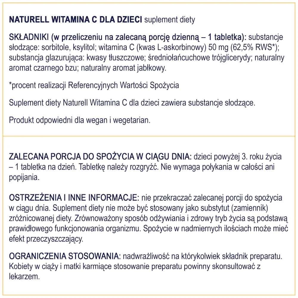 Naturell Witamina C dla dzieci, tabletki do rozgryzania i żucia, 180 sztuk