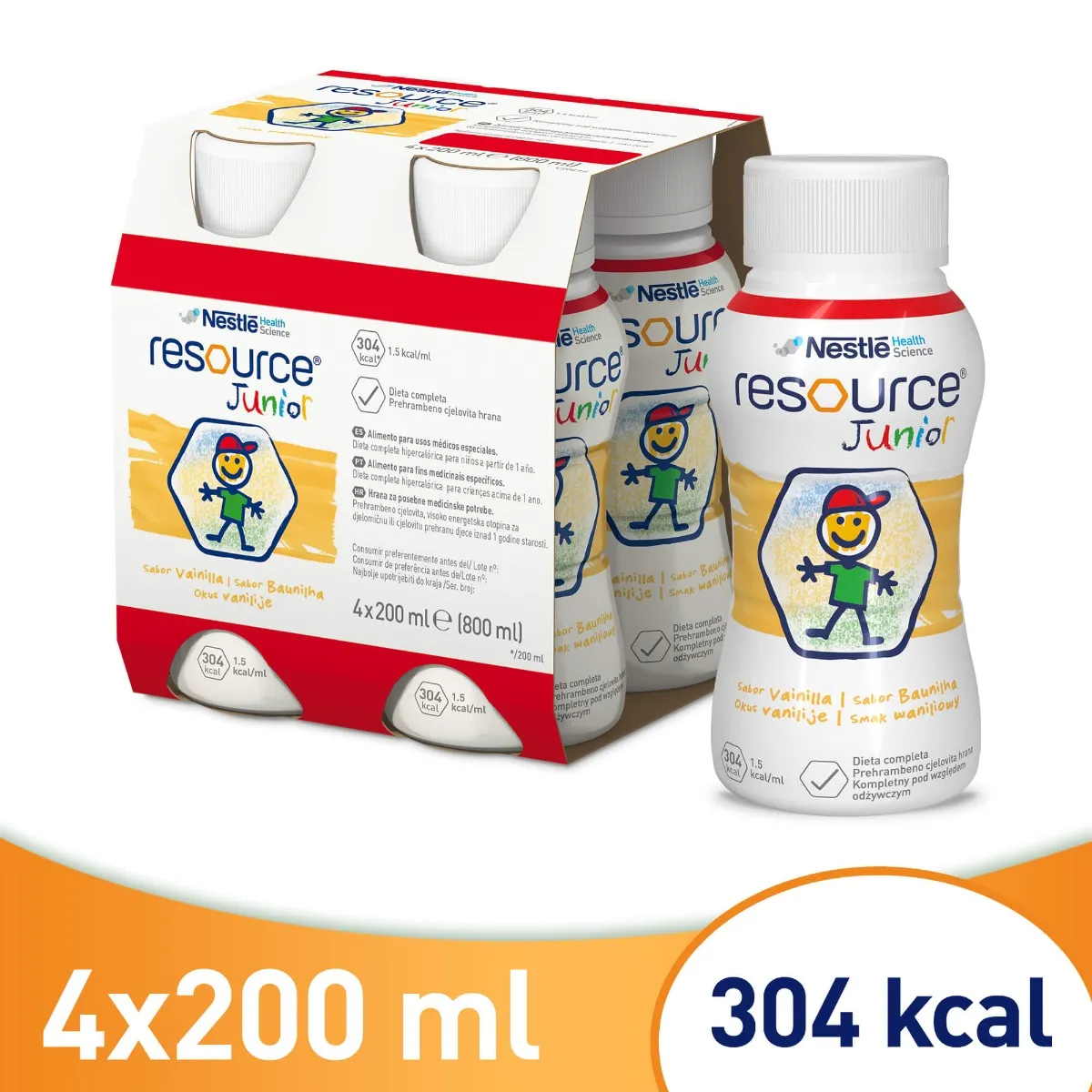 Resource Junior - odżywczy preparat w płynie dla dzieci po 1. roku życia, smak waniliowy, 4 x 200 ml