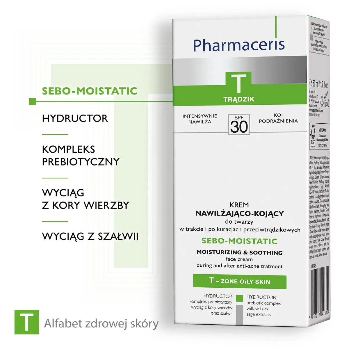 Pharmaceris T Sebo-Moistatic, krem nawilżająco-kojący do twarzy SPF 30, 50 ml 