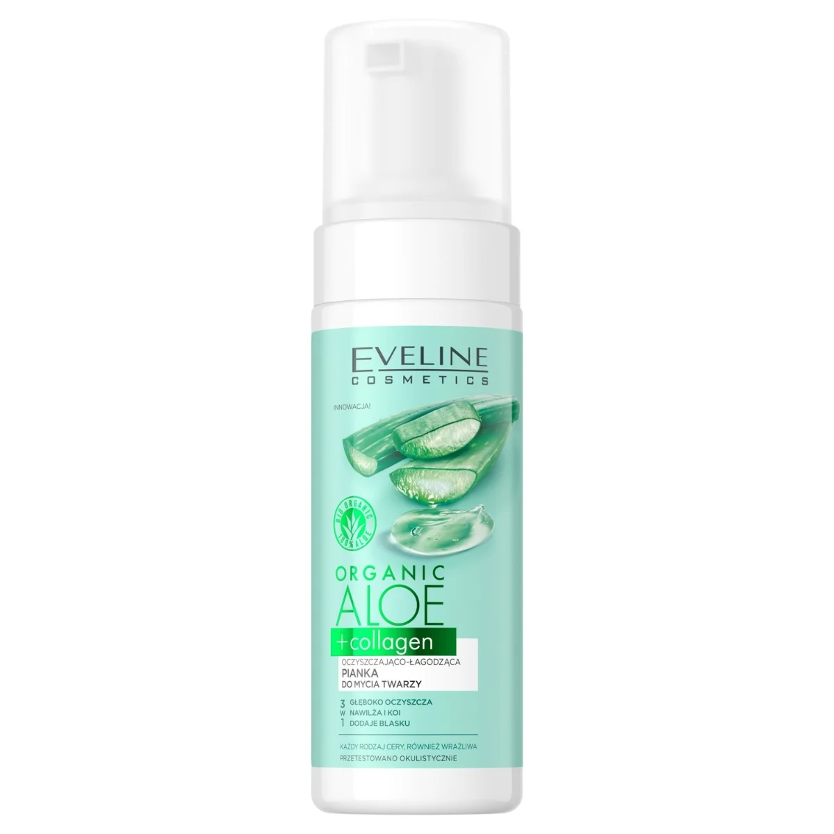 Eveline Cosmetics Organic Aloe + Collagen, oczyszczająco-łagodząca pianka do mycia twarzy, 150 ml