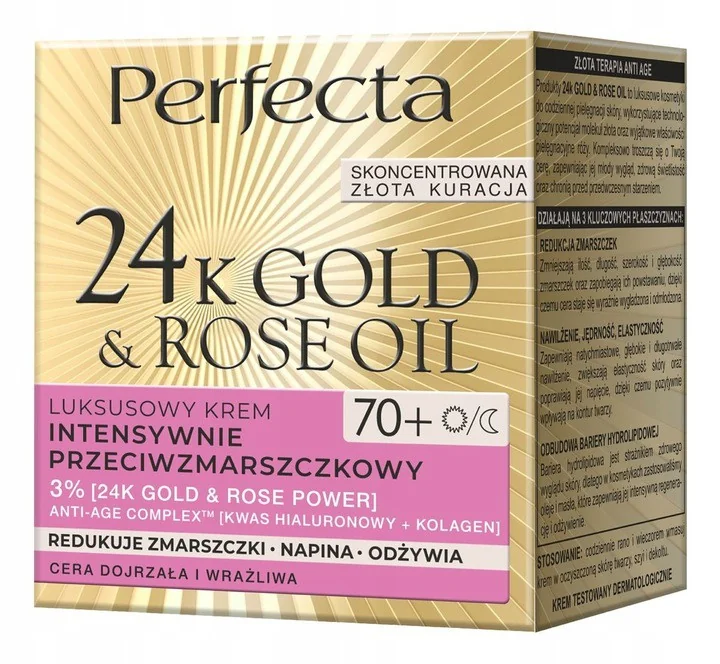 Perfecta 24K Gold & Rose Oil, luksusowy krem przeciwzmarszaczkowy do twarzy 70+, 50 ml