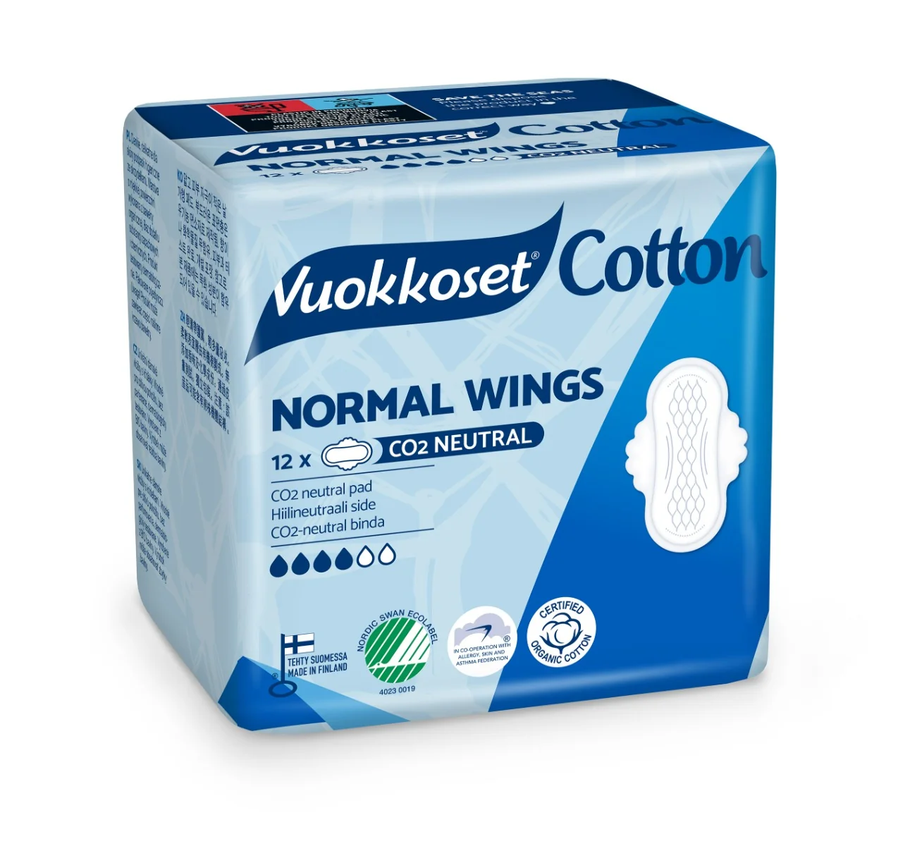 Vuokkoset Cotton Normal Wingd, ekologiczne podpaski ze skrzydełkami, 12 szt.