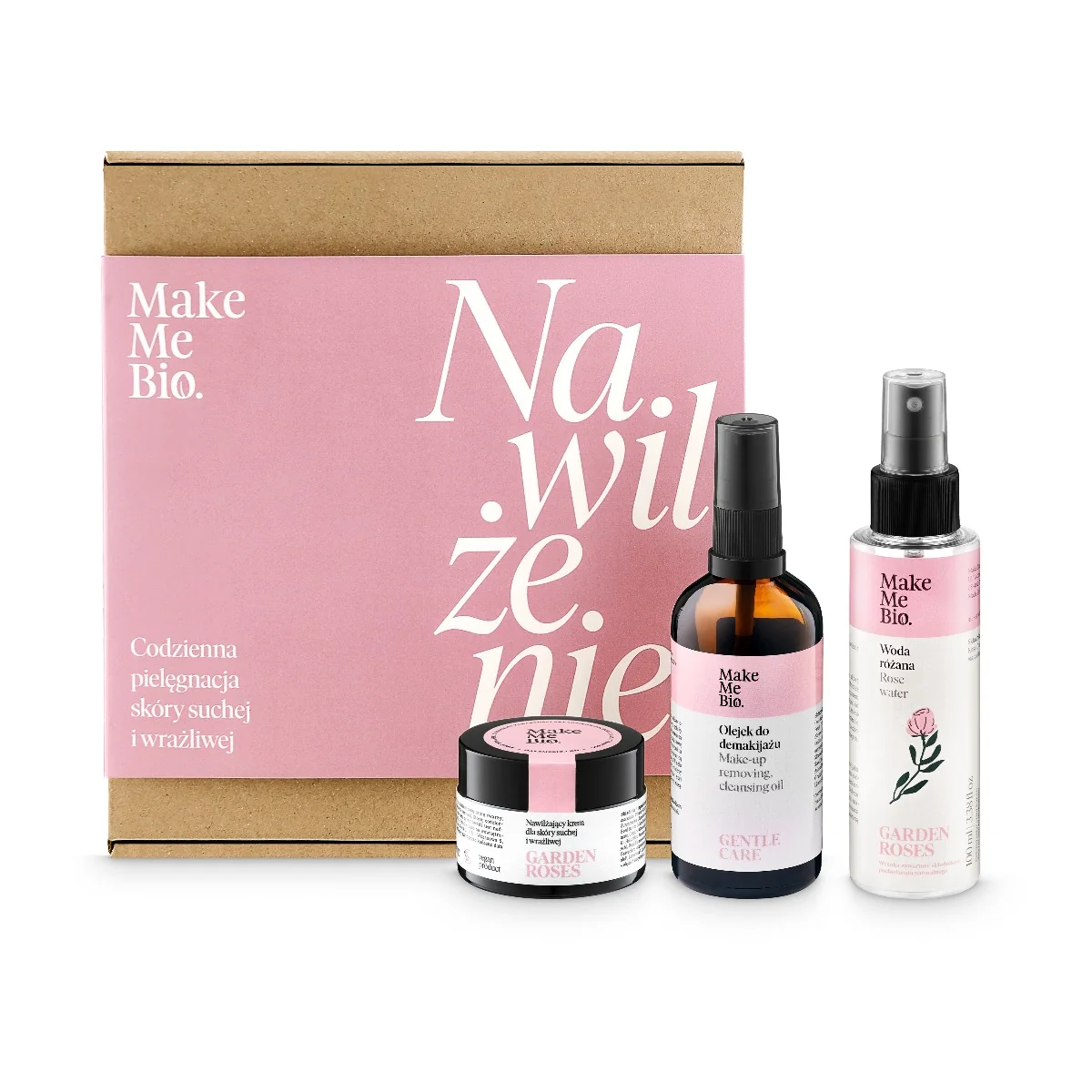 ZestawMake Nawilżenie Me Bio, olejek do demakijażu Gentle Care + hydrolat woda różana + krem Garden Roses, 100ml + 100 ml + 30 ml