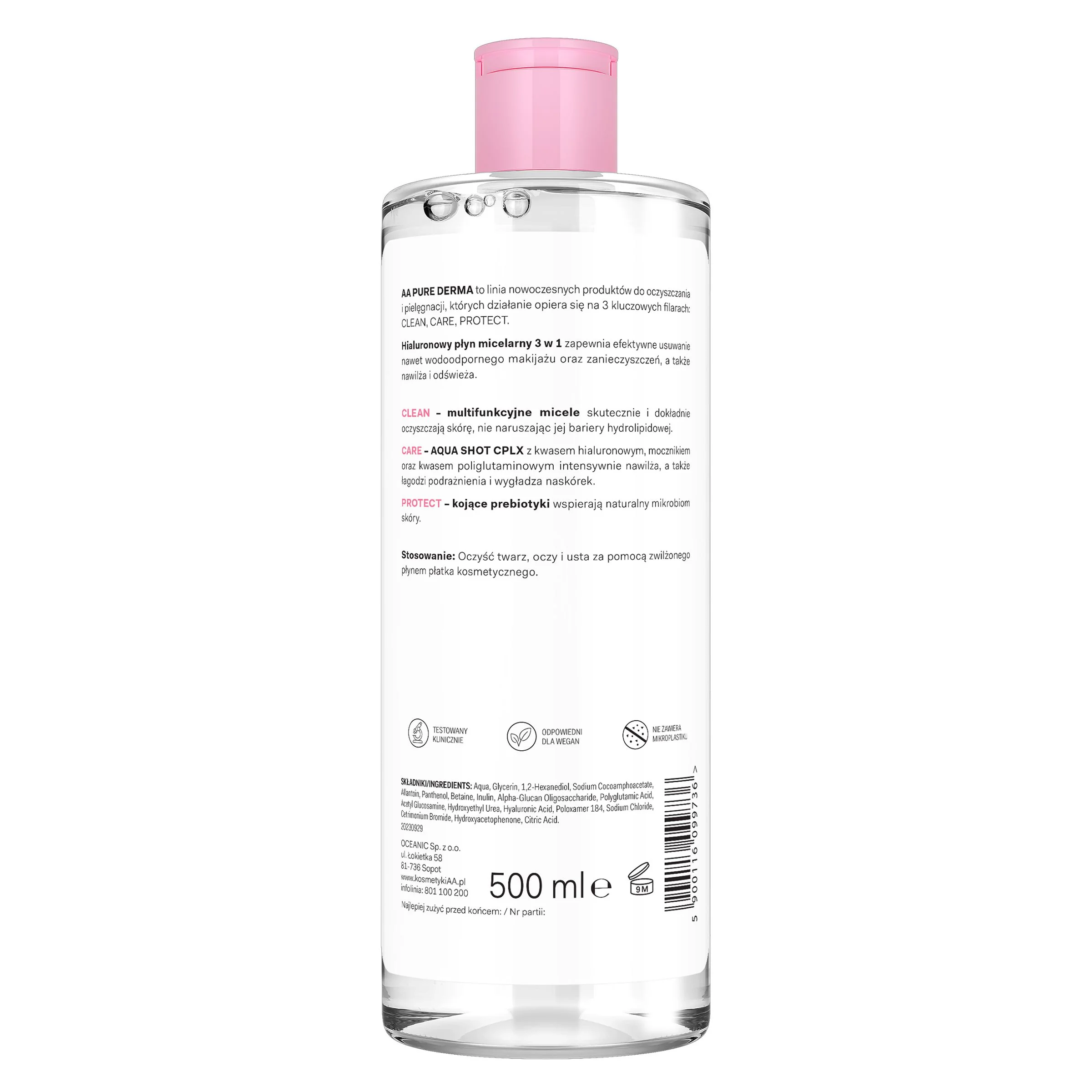 AA Pure Derma hialuronowy płyn micelarny 3 w 1, 500 ml