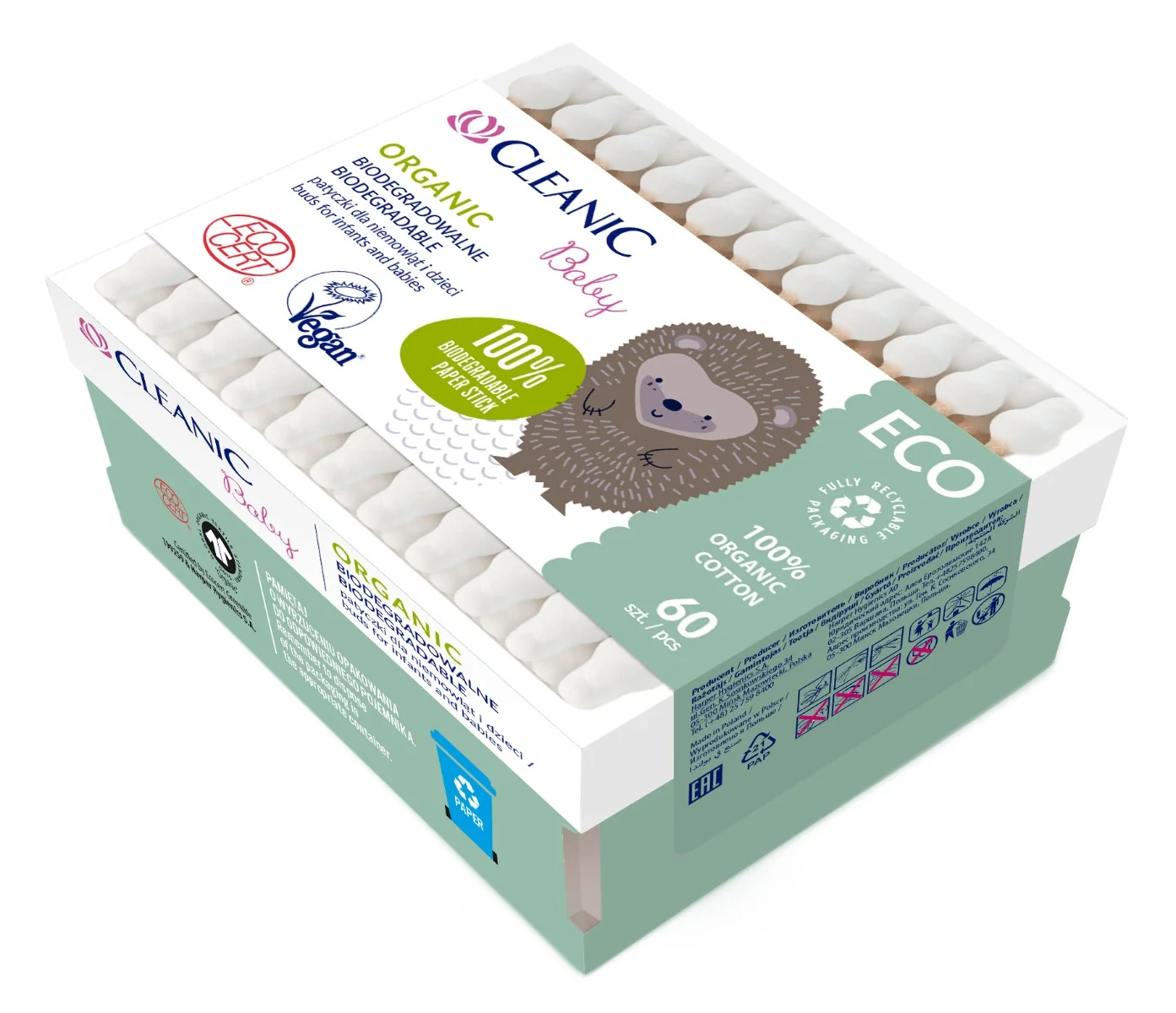 Cleanic Eco Baby, patyczki dziecięce, 60 sztuk