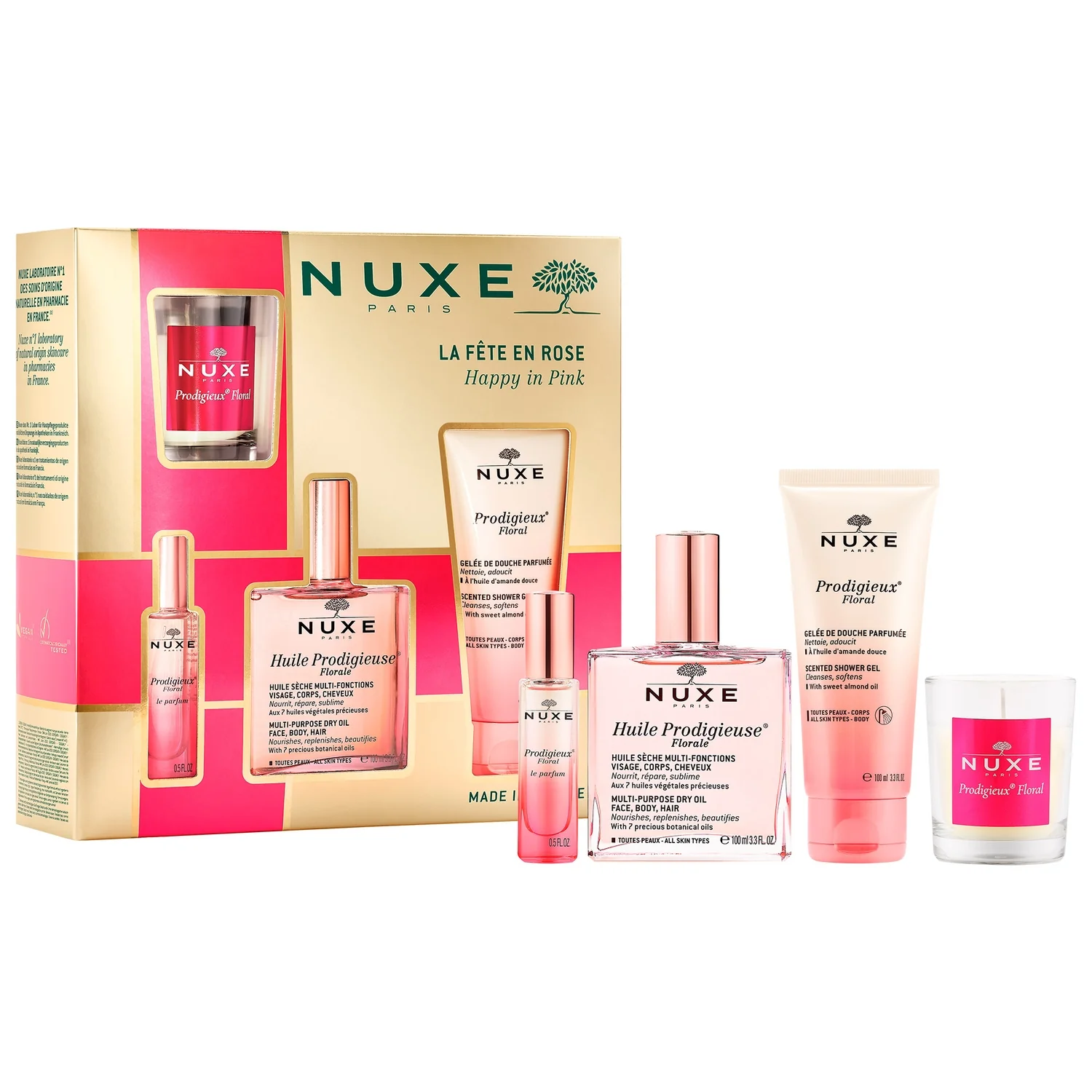 Nuxe Happy in Pink suchy olejek pielęgnacyjny Huile Prodigieuse Florale, 100 ml + żel pod prysznic Prodigieux Floral, 100 ml + perfumy Prodigieux Floral, 15 ml + świeca zapachowa, 70 g