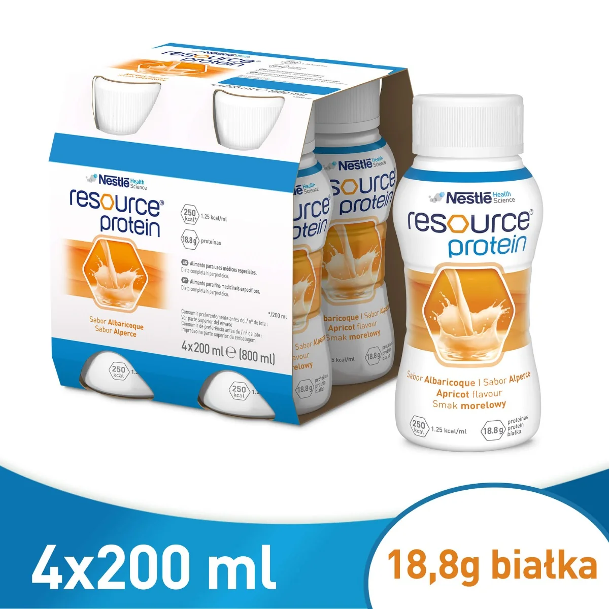 Resource Protein, preparat odżywczy w płynie, smak morelowy, 4x200 ml