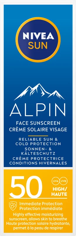 Nivea Sun Alpin Face Sunscreen, krem do twarzy z wysoką ochroną SPF 50, 50 ml