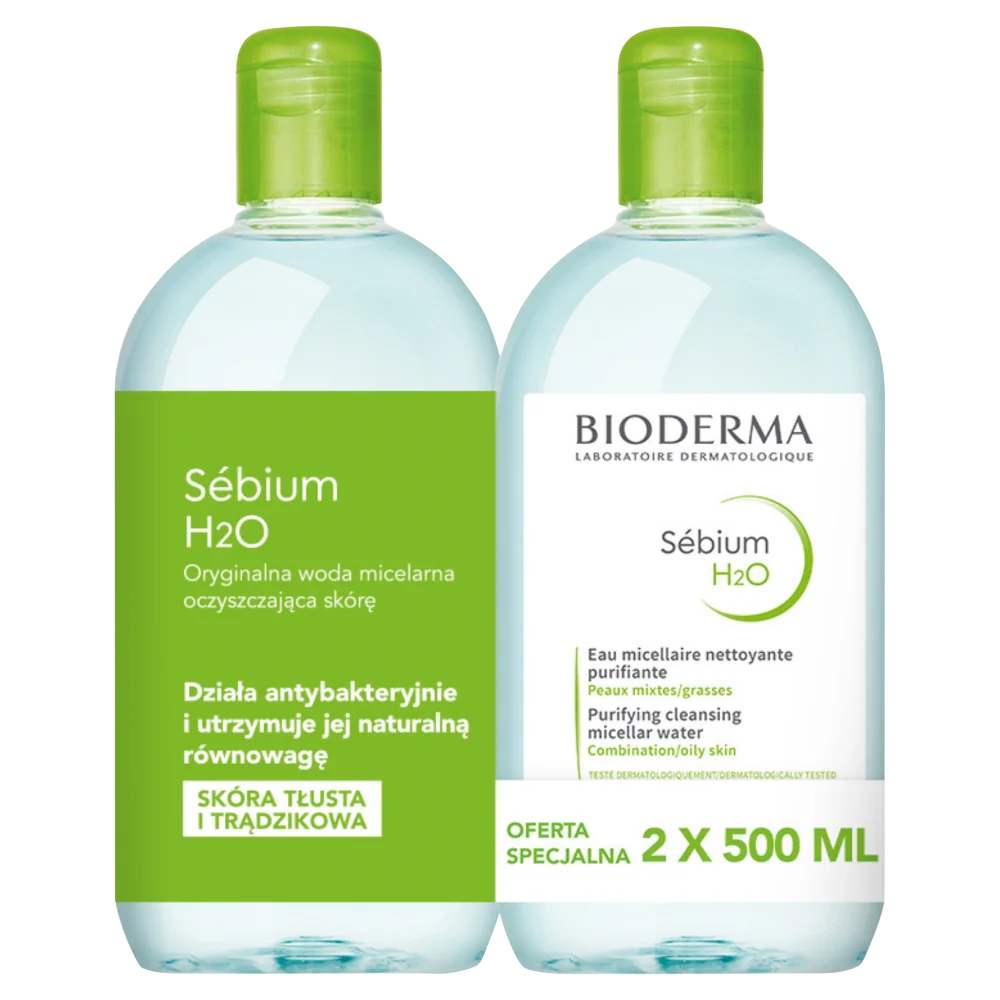 Bioderma Sébium H2O Płyn micelarny do twarzy Skóra tłusta i trądzikowa, 2x500 ml