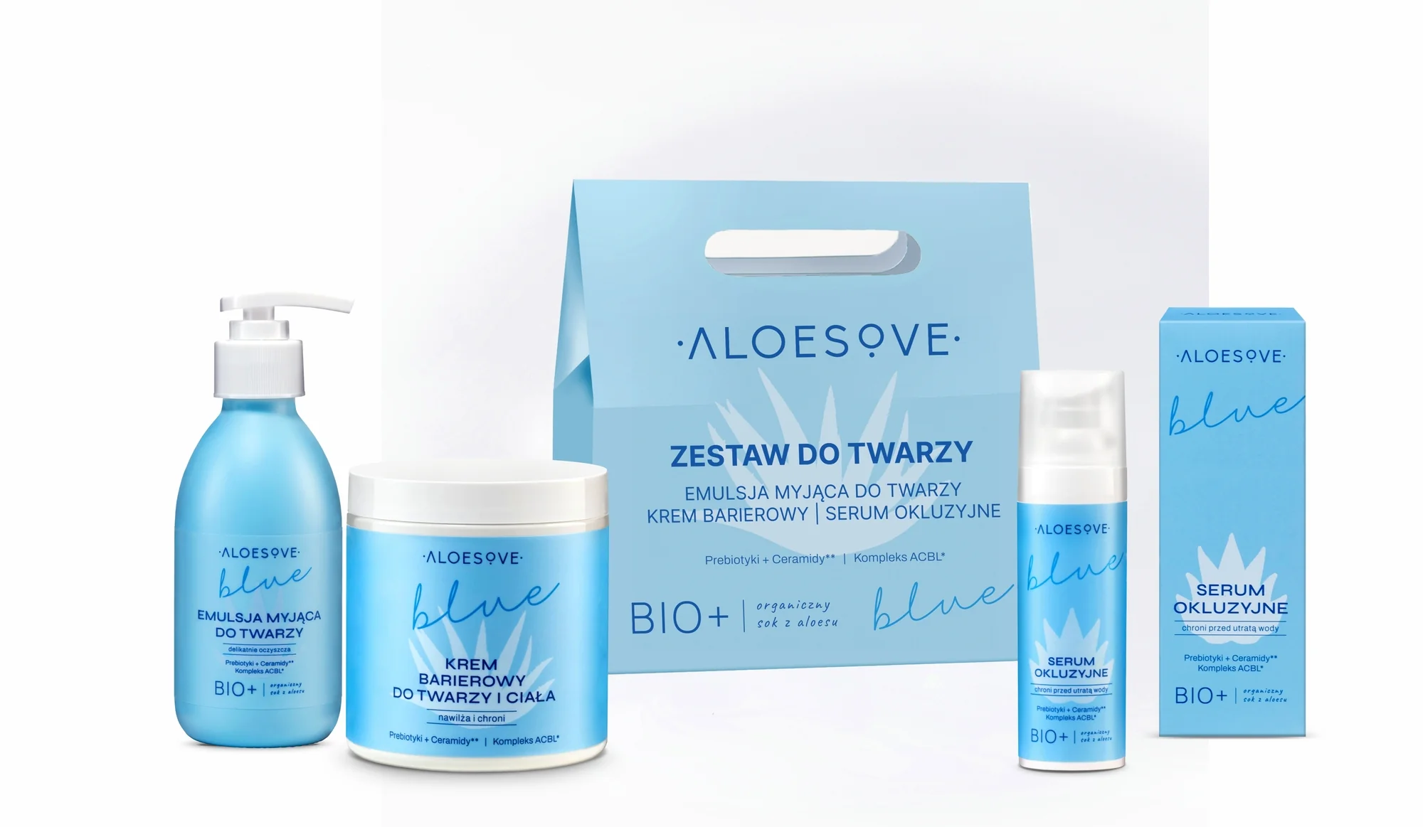 Aloesove Blue zestaw emulsja myjąca do twarzy, 190 ml + serum okluzyjne do twarzy, 30 ml + krem barierowy do twarzy i ciała, 250 ml