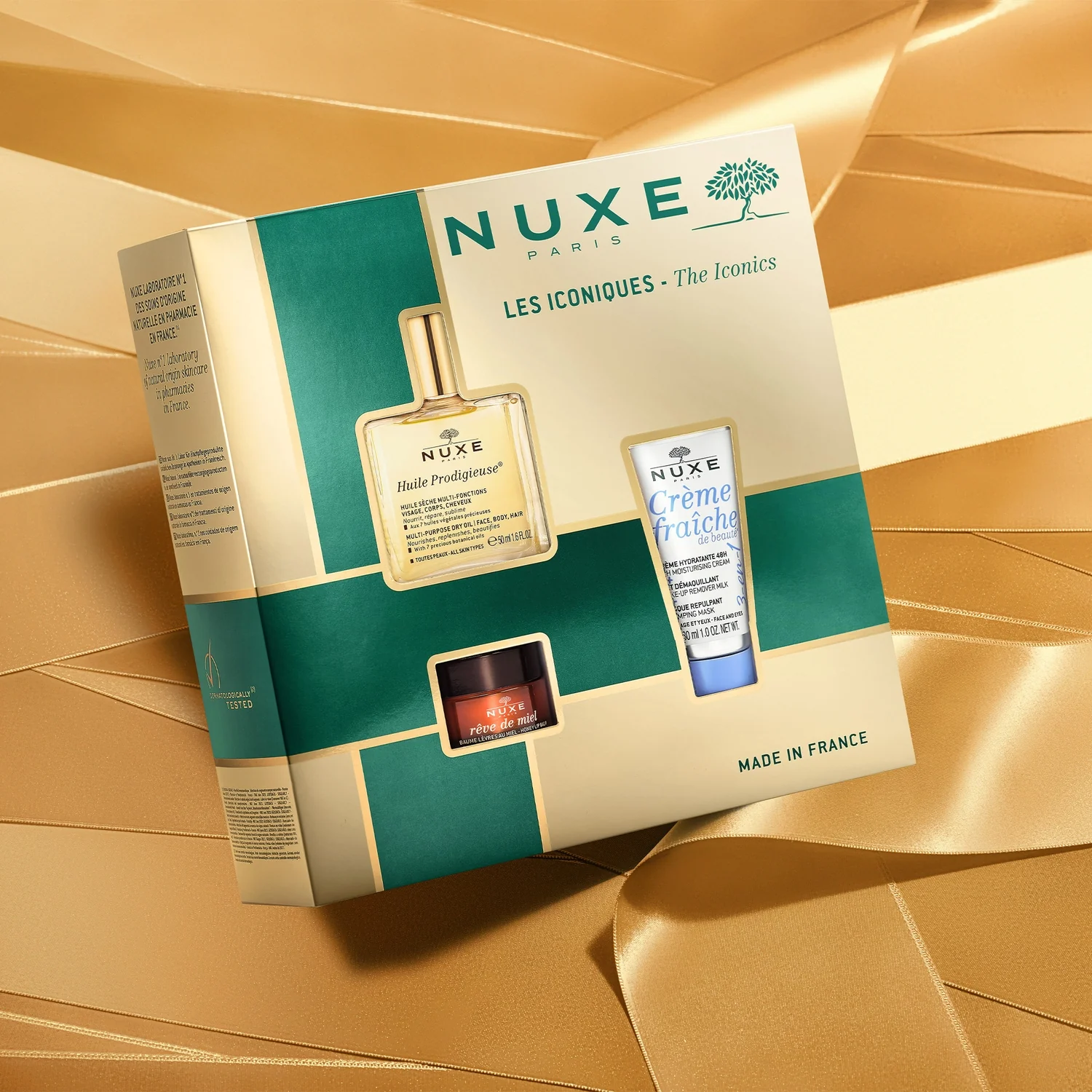 Nuxe The Iconics Huile Prodigieuse suchy olejek do pielęgnacji twarzy, ciała i włosów, 50 ml + Rêve de Miel odżywczy balsam do ust, 15 g + Crème fraîche de Beauté krem nawilżający 3 w 1, 30 ml