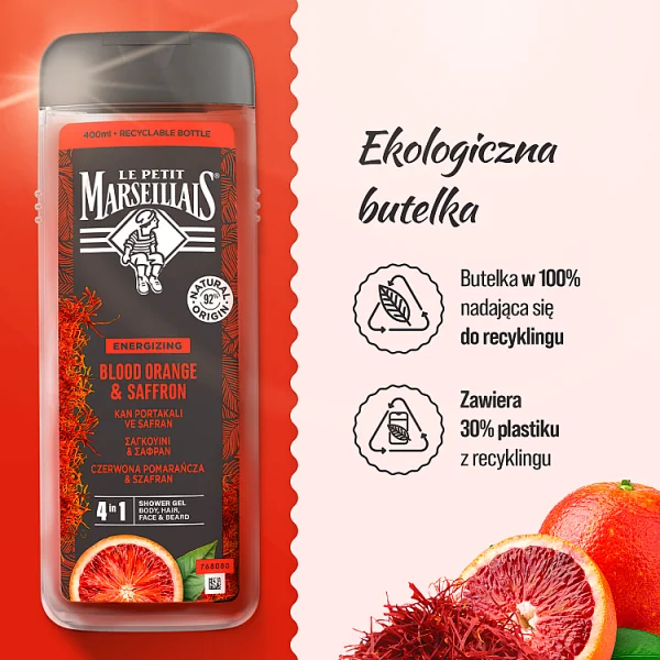 Le Petit Marseillais żel pod prysznic dla mężczyzn czerwona pomarańcza & szafran, 400 ml