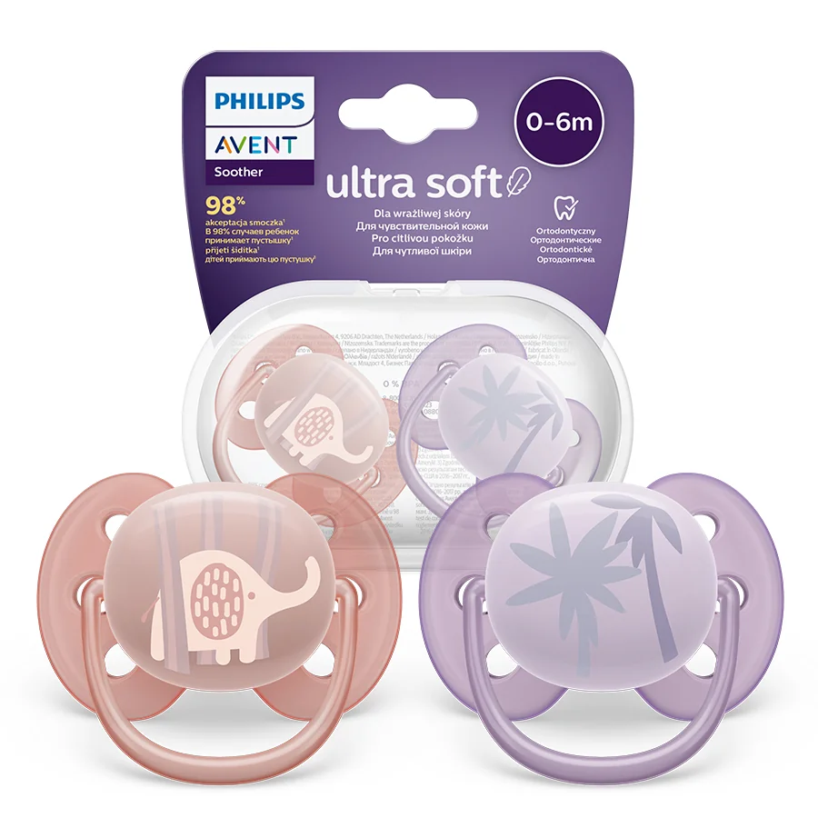 Philips Avent Ultra Soft, miękki smoczek ortodontyczny 0-6 m girl, SCF091/09, 2 szt.