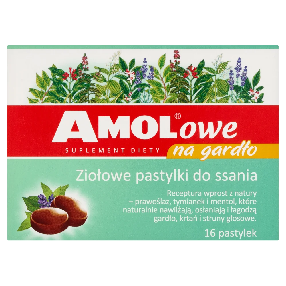 AMOLowe suplement diety na gardło, ziołowe pastylki do ssania, 16 pastylek