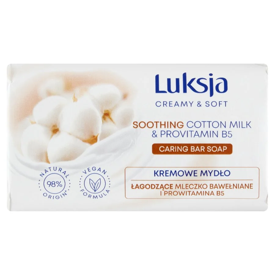 Luksja Creamy & Soft, kremowe mydło łagodzące w kostce mleczko bawełniane i prowitamina B5, 90 g