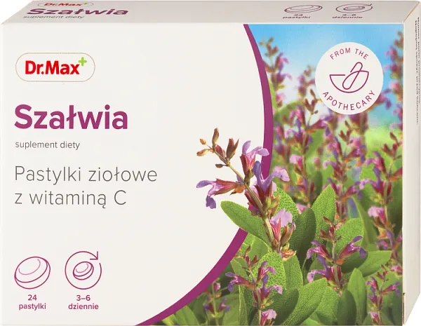 Szałwia Dr.Max, pastylki ziołowe z witaminą C, 24 tabletki do ssania 