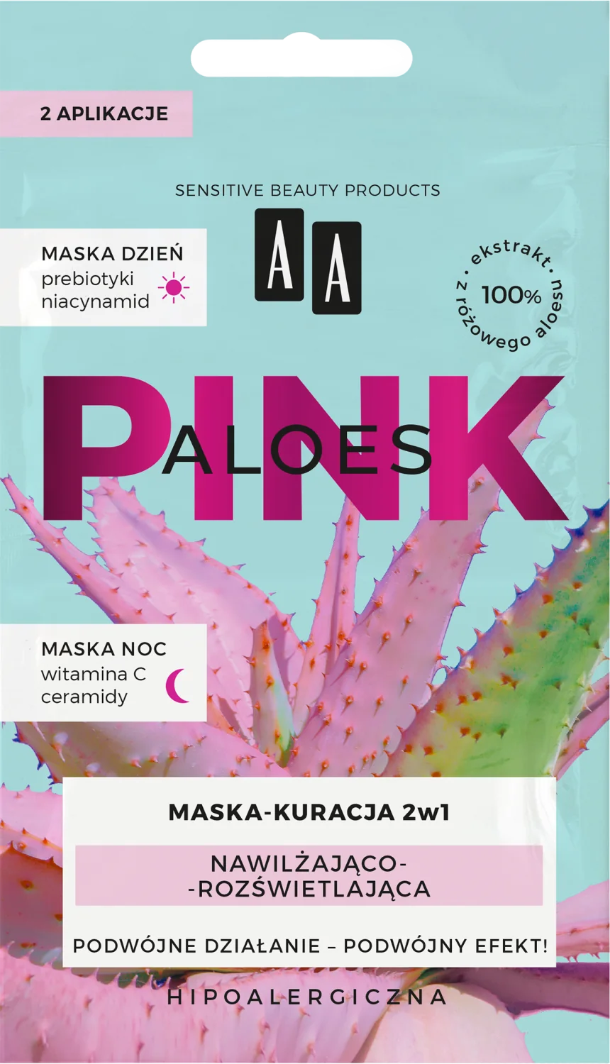 AA ALOES PINK, maseczka nawilżająco-rozświetlająca maska-kuracja 2w1 dzień i noc, 30 ml