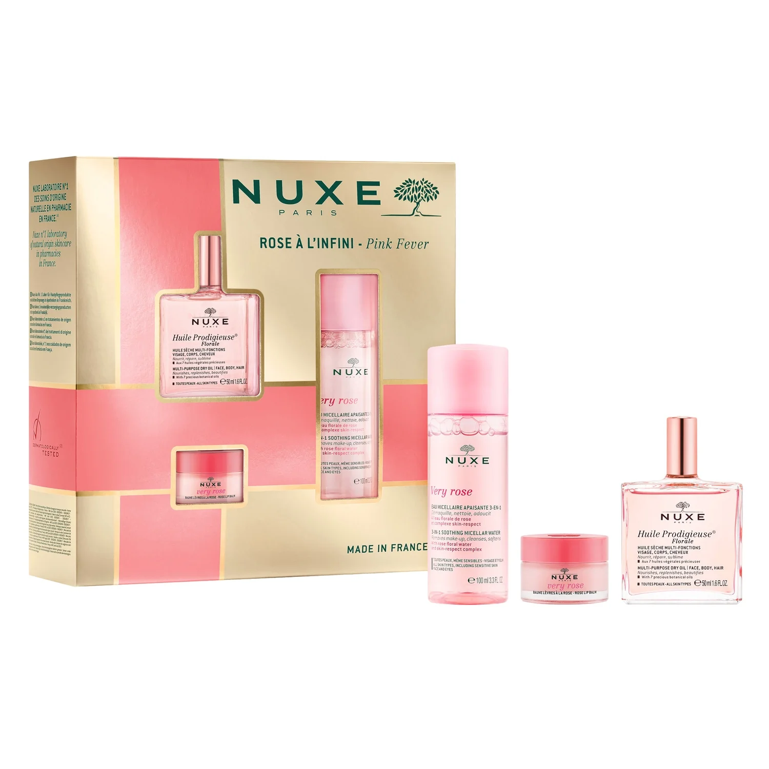 Nuxe Huile Prodigieuse Florale suchy olejek pielęgnacyjny o kwiatowym zapachu, 50 ml  + Very Rose łagodząca woda micelarna, 100 ml +  Very Rose różany balsam do ust, 15 g 