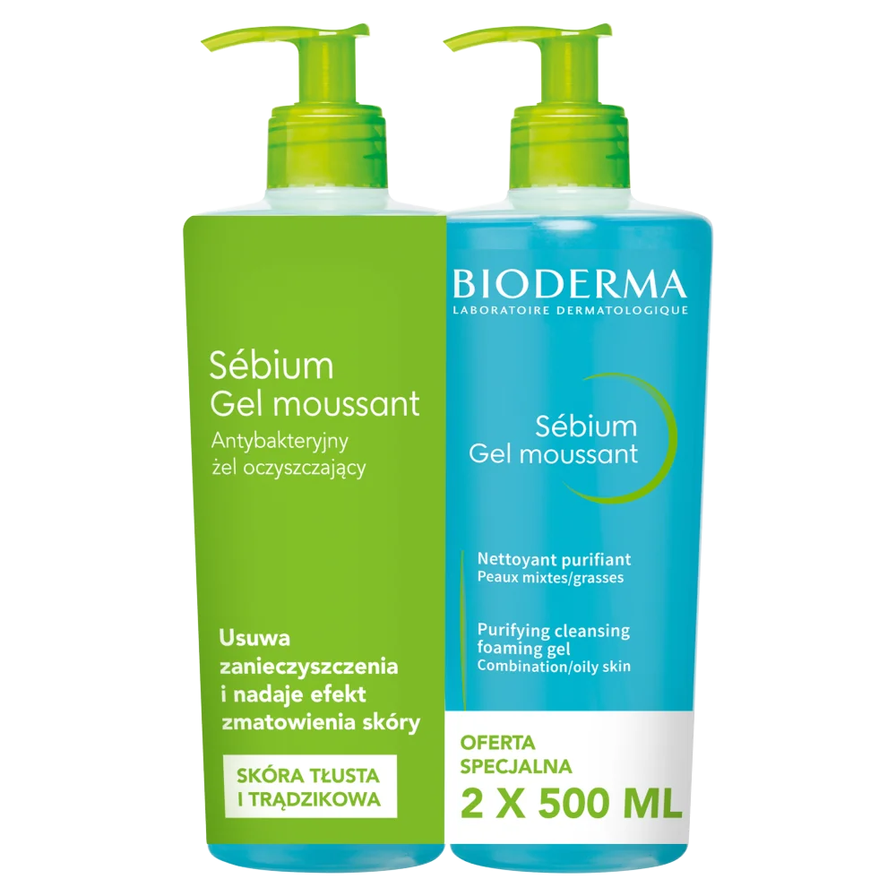 Bioderma Sebium, antybakteryjny żel do mycia twarzy, 500 ml + 500 ml