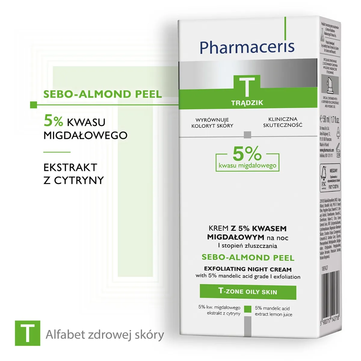 Pharmaceris T, Sebo-Almond Peel, krem z 5% zawartością  kwasu migdałowego na noc, 50 ml 