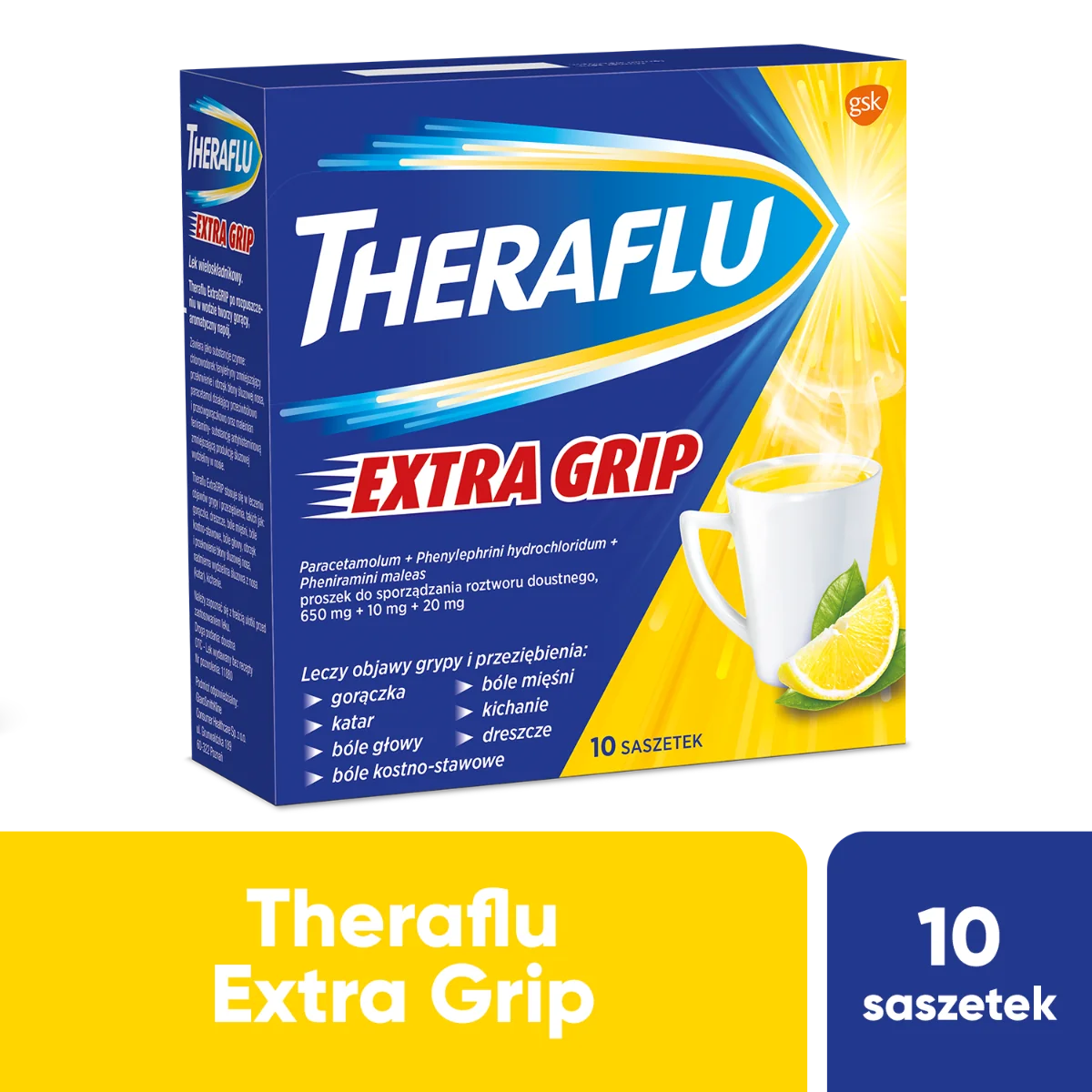 Theraflu Extra Grip, 650 mg + 10 mg + 20 mg, 10 saszetek