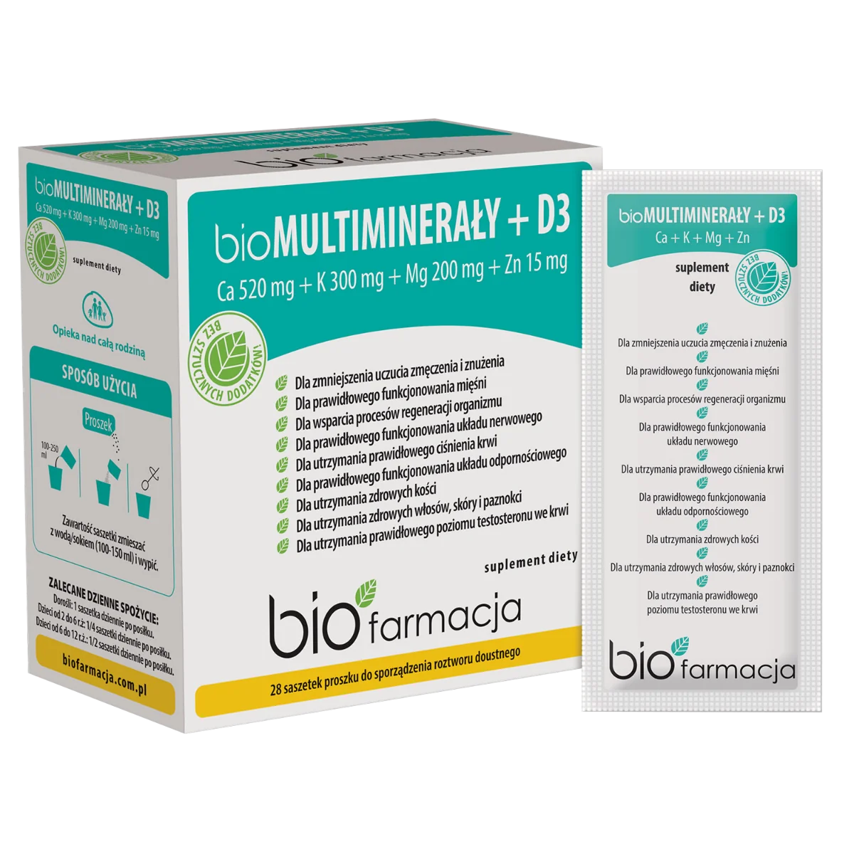 Biofarmacja bioMULTIMINERAŁY + D3 mieszanka naturalnych minerałów z witaminą D3, 28 saszetek